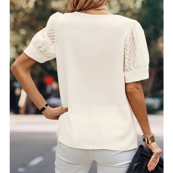 Apricot- Neck Sheer Puff Sleeve Blouse - Picture 2 of 4